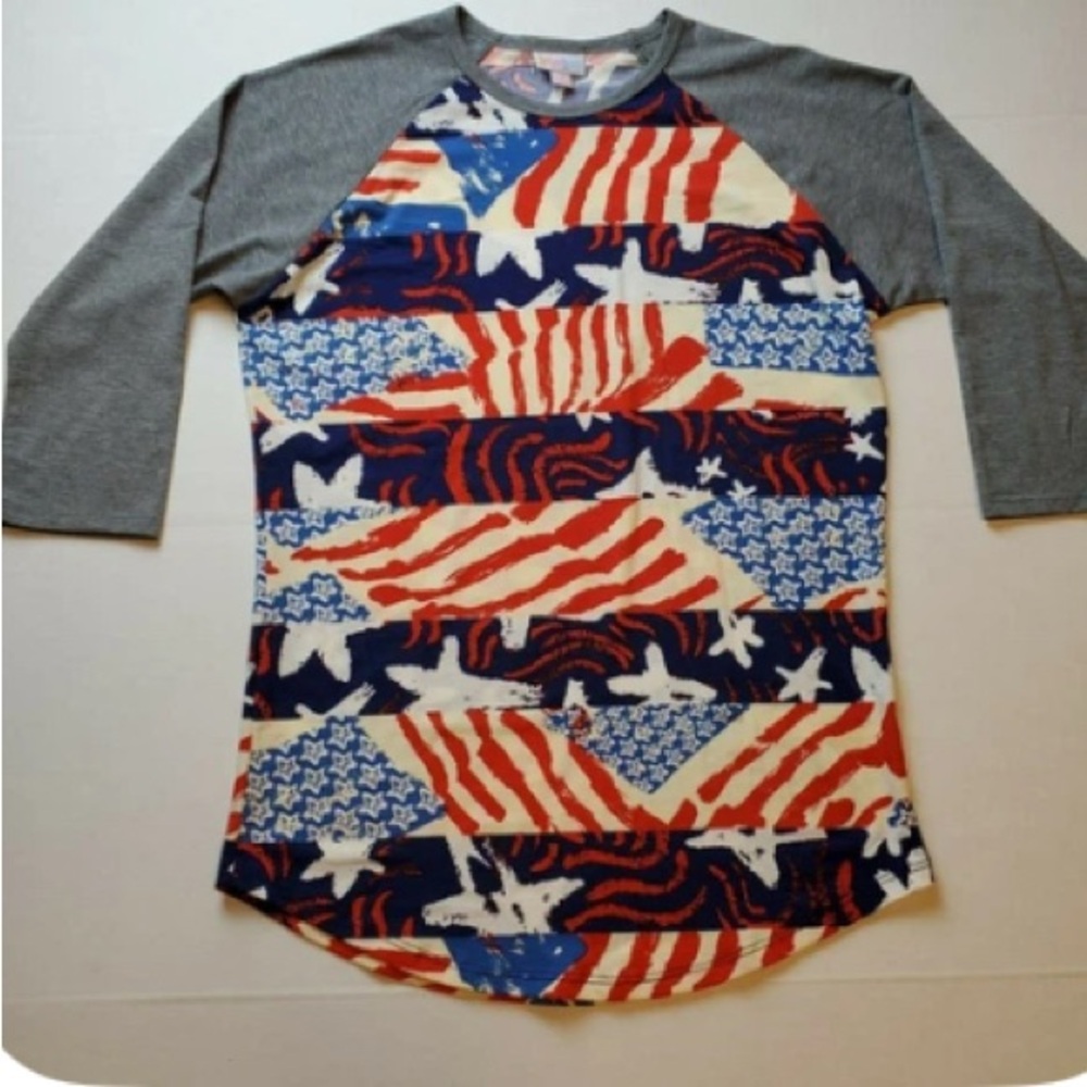 LuLaRoe Patriotic Raglan Top - Red, White, Blue, Gray